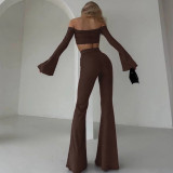 Women Off Shoulder long-sleeved Top Bell Bottom Pant two-piece set