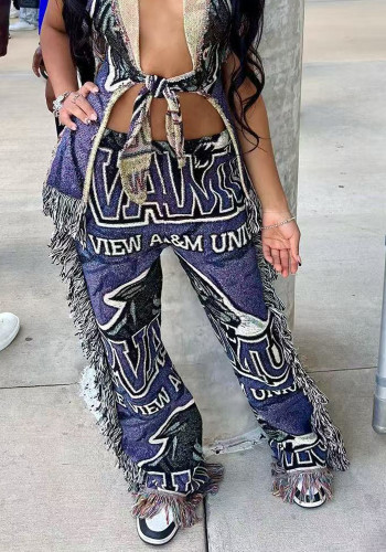 Women casual multi-color print tassel pants