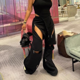 Women Patchwork Zipper Straight Bell Bottom Pants