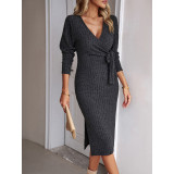 Women autumn and winter v-neck long sleeve knitting lace-up dress