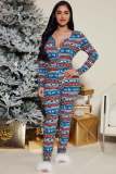Women Christmas Printed Long Sleeve Casual Jumpsuit