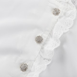 Stand Collar Diamond Button Ruffle Shirt Women Trendy White Shirt Top