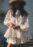 Puff Sleeve Ruffled Puff Shirt Printed Shorts Two Piece Set