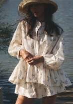 Puff Sleeve Ruffled Puff Shirt Printed Shorts Two Piece Set Puff Sleeve Ruffled Puff Shirt Printed Shorts Two Piece Set