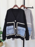 Autumn And Winter Denim Pocket Knitting Cardigan Loose Chic Wool Coat