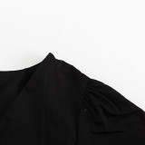 White Ruffled Women's Sexy V-Neck Puff Sleeve Drawstring High Waist Dress