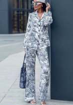 Spring And Autumn Print Turndown Collar Long Sleeve Shirt Trousers Two-Piece Suit Women's Clothing Spring And Autumn Print Turndown Collar Long Sleeve Shirt Trousers Two-Piece Suit Women's Clothing