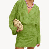 Spring And Autumn Solid Color Jacquard Long Sleeve V-Neck Loose Dress Women's Clothing