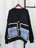 Autumn And Winter Denim Pocket Knitting Cardigan Loose Chic Wool Coat