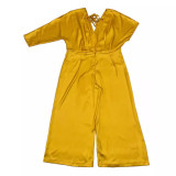 Plus Size Solid Color Satin V-Neck Loose Jumpsuit
