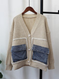 Autumn And Winter Denim Pocket Knitting Cardigan Loose Chic Wool Coat