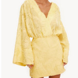 Spring And Autumn Solid Color Jacquard Long Sleeve V-Neck Loose Dress Women's Clothing