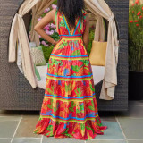 Plus Size Printed V-Neck Strap Maxi Dress