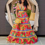 Plus Size Printed V-Neck Strap Maxi Dress