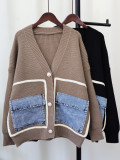 Autumn And Winter Denim Pocket Knitting Cardigan Loose Chic Wool Coat