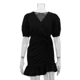 White Ruffled Women's Sexy V-Neck Puff Sleeve Drawstring High Waist Dress