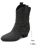 Pointed Mid-Tube Stacked Boots Women Autumn Thick Heel Martin Boots High Heel Denim Boots