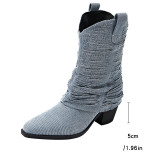 Pointed Mid-Tube Stacked Boots Women Autumn Thick Heel Martin Boots High Heel Denim Boots