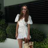 White Ruffled Women's Sexy V-Neck Puff Sleeve Drawstring High Waist Dress