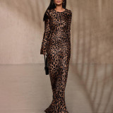 Round Neck Sexy Long Autumn Leopard Print High Waist Slim Dress