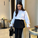 Stand Collar Diamond Button Ruffle Shirt Women Trendy White Shirt Top