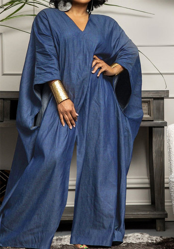 Plus Size V-Neck Loose Denim Jumpsuit