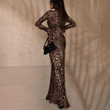 Round Neck Sexy Long Autumn Leopard Print High Waist Slim Dress