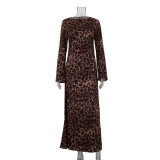 Round Neck Sexy Long Autumn Leopard Print High Waist Slim Dress