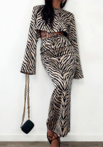 Long-Sleeved Zebra Stripes Crop Top High-Waist Fishtail Skirt Two-Piece Set Women's Clothing