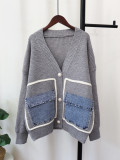 Autumn And Winter Denim Pocket Knitting Cardigan Loose Chic Wool Coat