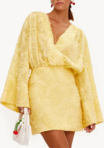 Spring And Autumn Solid Color Jacquard Long Sleeve V-Neck Loose Dress Women's Clothing