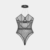 Chain Halter Neck See-Through Metal Sexy Lingerie Transparent Lace Women's Bodysuit