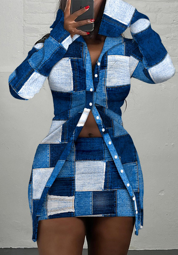 Printed Shirt Skirt Plus Size Two Piece Set