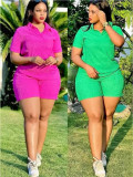 Plus Size Fashion Casual Solid Color Short Sleeve  Hooded Women's Two Piece Shorts Set
