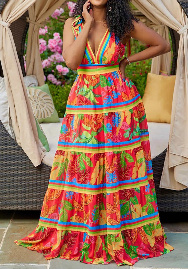 Plus Size Printed V-Neck Strap Maxi Dress