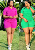 Plus Size Fashion Casual Solid Color Short Sleeve  Hooded Women's Two Piece Shorts Set