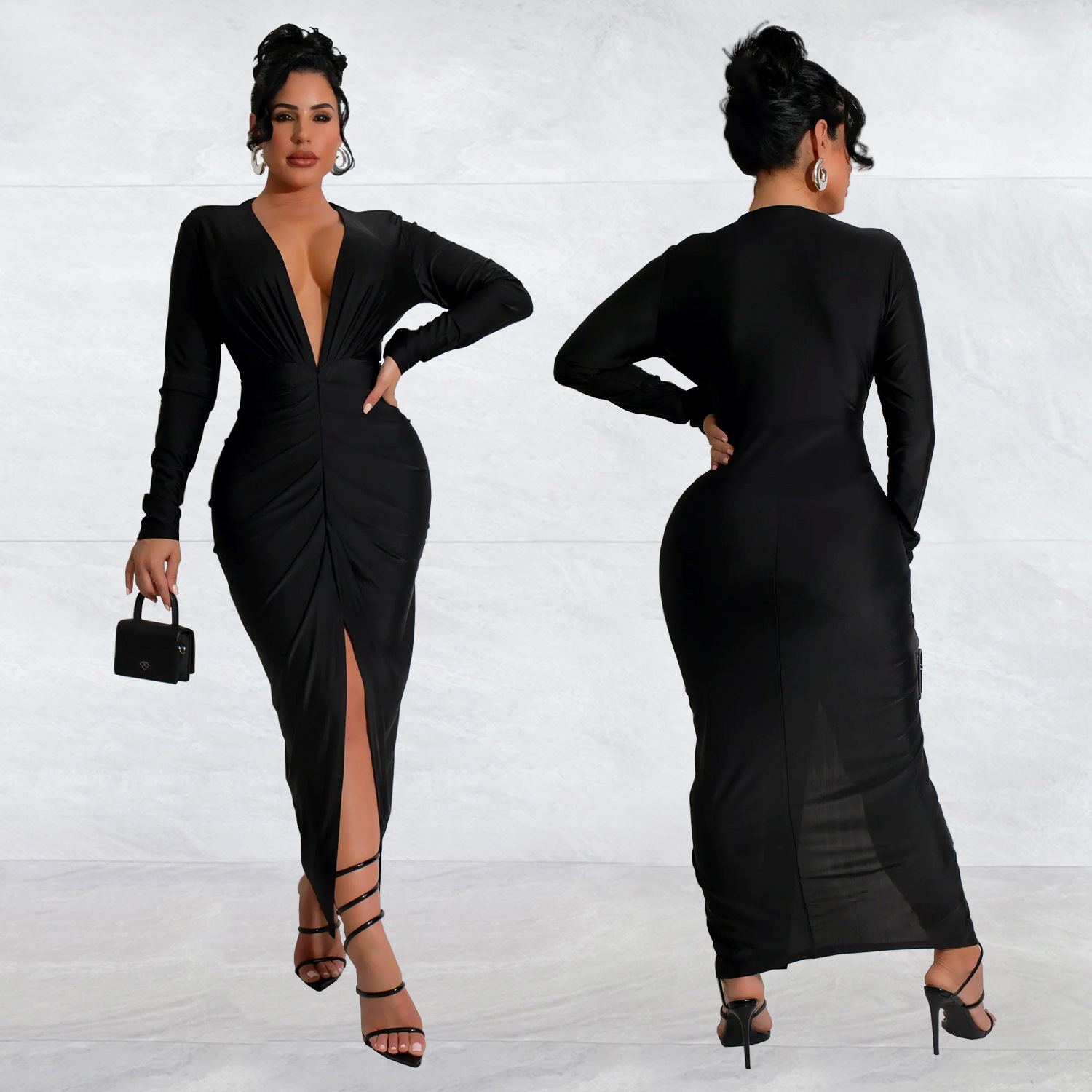 Women V-Neck Slit Solid Dress(customized,MOQ 6pcs/size/color,process time 7-10 days)