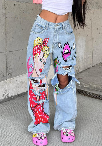 High waist wide leg jeans women's fashion printed hollow ripped straight trousers