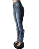 Women Pearl Embellished Feather Stretch Denim Pants