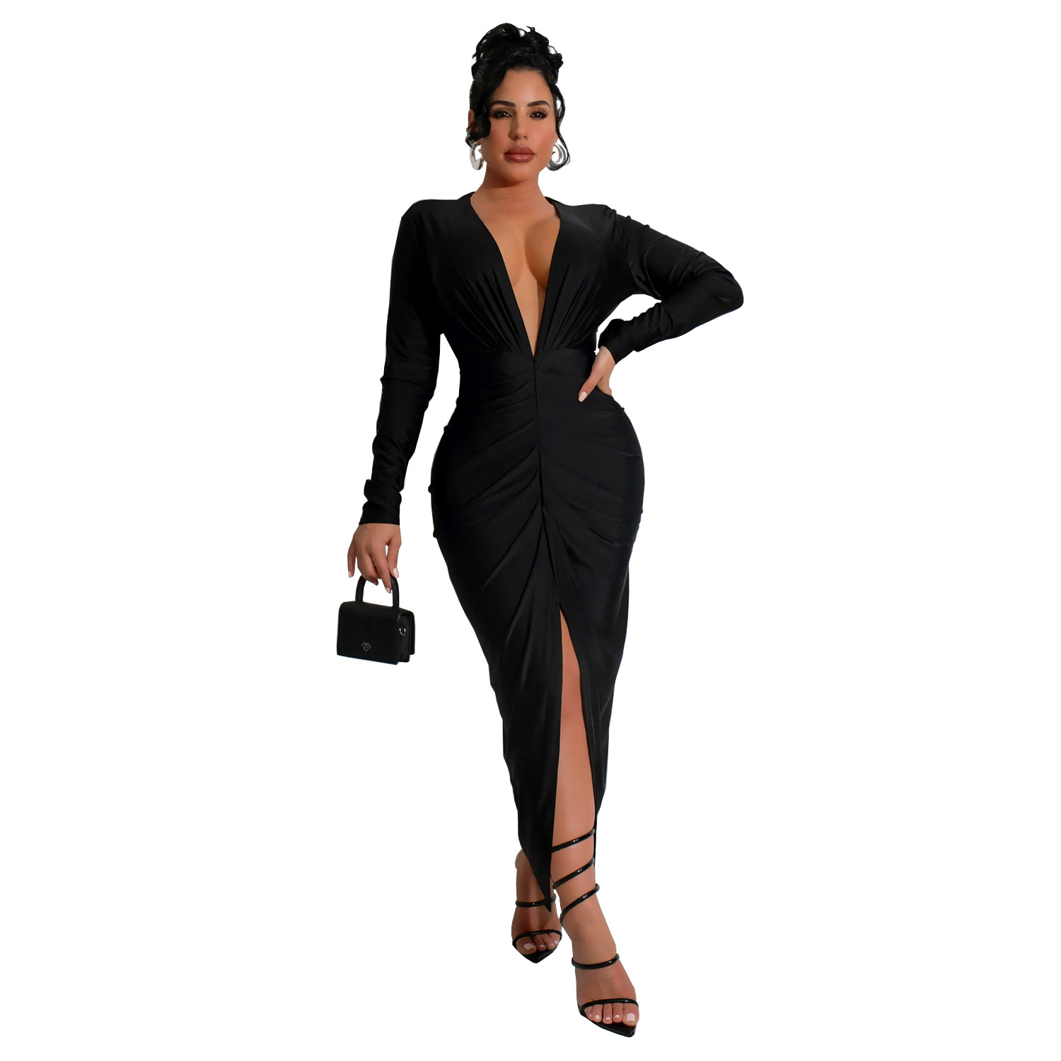 Women V-Neck Slit Solid Dress(customized,MOQ 6pcs/size/color,process time 7-10 days)
