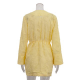 Spring And Autumn Solid Color Jacquard Long Sleeve V-Neck Loose Dress Women's Clothing