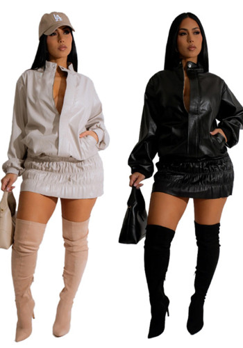 Women autumn and winter solid long sleeve Pu Leather casual stand collar skirt two-piece suit