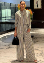 Women casual print long-sleeved shirt and wide-leg Pants two-piece suit