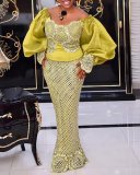 Women Lace embroidered puff sleeve Off Shoulder yellow dress