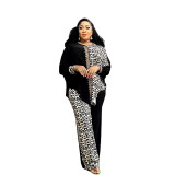 Plus Size African Women Bat Sleeves leopard print Beaded Top and Pants two-piece set