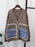 Autumn And Winter Denim Pocket Knitting Cardigan Loose Chic Wool Coat