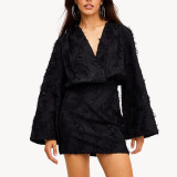 Spring And Autumn Solid Color Jacquard Long Sleeve V-Neck Loose Dress Women's Clothing