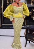 Women Lace embroidered puff sleeve Off Shoulder yellow dress