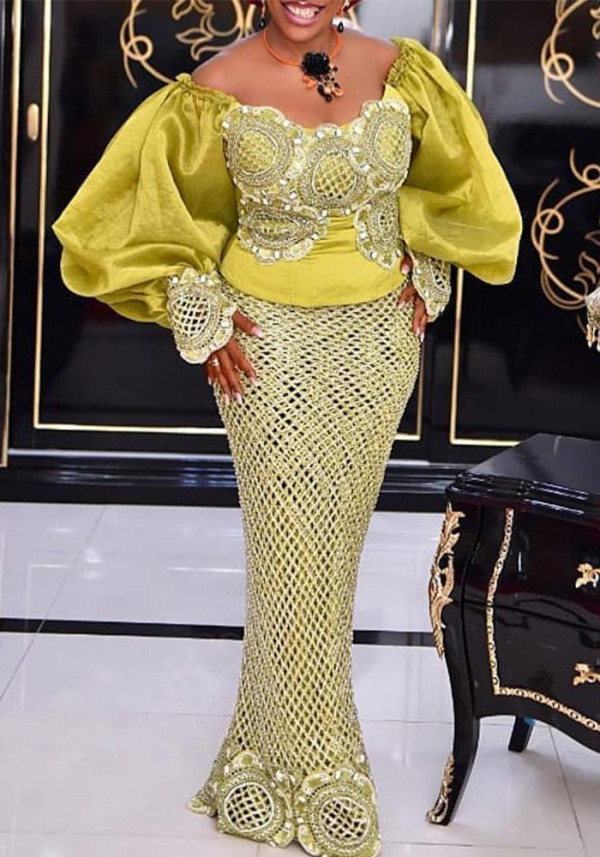 Women Lace embroidered puff sleeve Off Shoulder yellow dress
