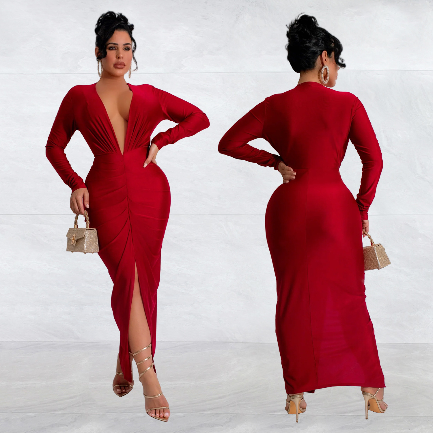 Women V-Neck Slit Solid Dress(customized,MOQ 6pcs/size/color,process time 7-10 days)